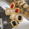 Stainless Steel Square Round Black Agate Earrings With Geometric Design And Electroplating