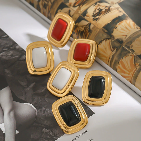Stainless Steel Square Round Black Agate Earrings With Geometric Design And Electroplating
