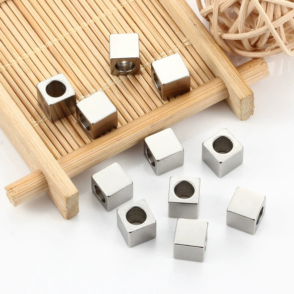 Stainless Steel Square Through Hole Beads Hiphop Geometric Electroplated Jewelry Accessories