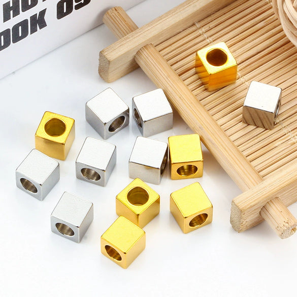 Stainless Steel Square Through Hole Beads Hiphop Geometric Electroplated Jewelry Accessories