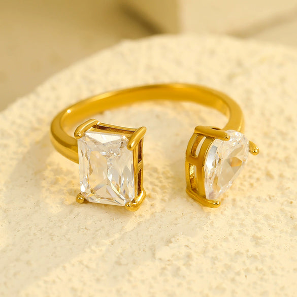 Stainless Steel Square Water Drop Zircon Open Nonfading Ring Jewelry For Women With Electroplating