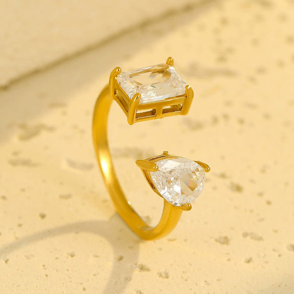 Stainless Steel Square Water Drop Zircon Open Nonfading Ring Jewelry For Women With Electroplating