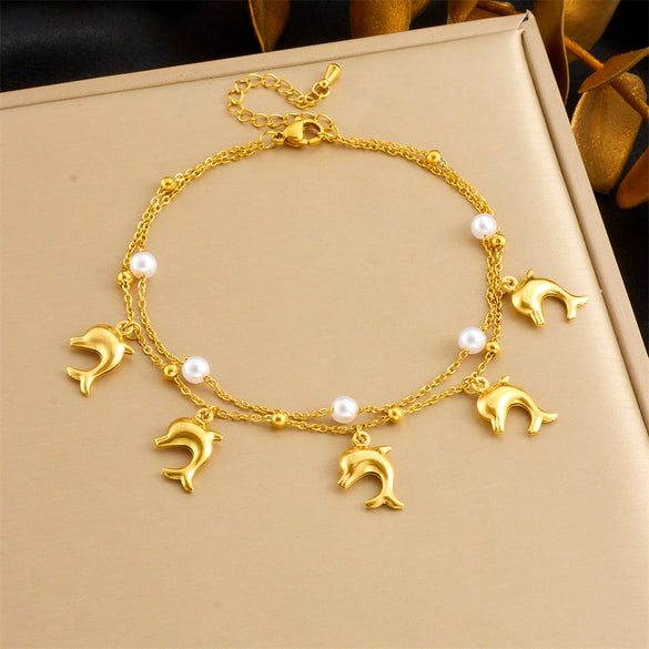 Stainless Steel Stacking Style Women's Anklet With Shell Starfish Tropical Fish Pendant And Animal Zodiac Pattern