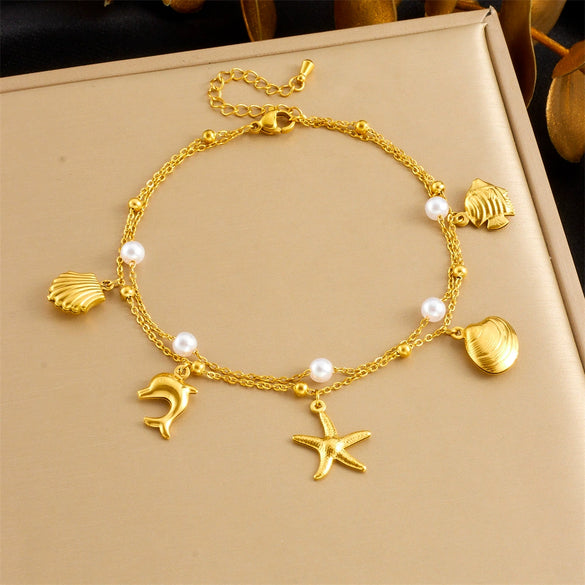 Stainless Steel Stacking Style Women's Anklet With Shell Starfish Tropical Fish Pendant And Animal Zodiac Pattern