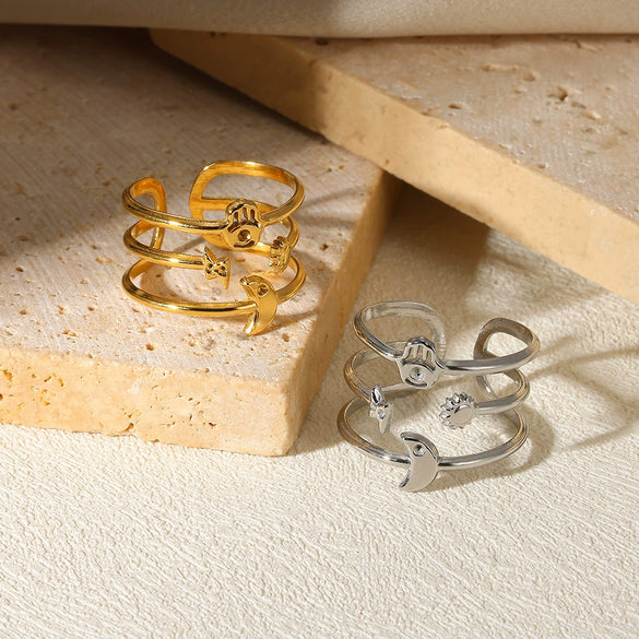 Stainless Steel Star Moon Geometric Constellation Electroplated Open Ring