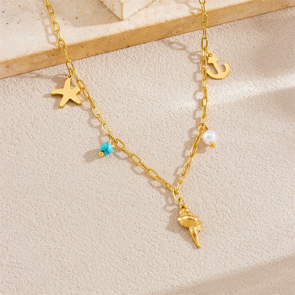 Stainless Steel Starfish Anchor Conch Pendant Necklace With Box Chain Electroplated For Women Personality Animal Style