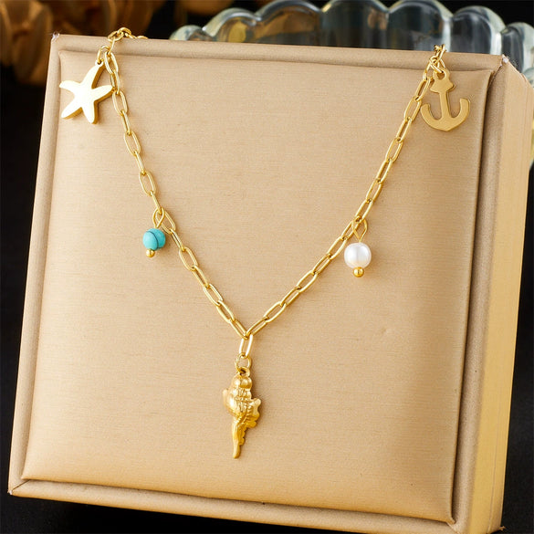 Stainless Steel Starfish Anchor Conch Pendant Necklace With Box Chain Electroplated For Women Personality Animal Style