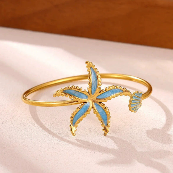 Stainless Steel Starfish And Shell Open Bangle With Pearl And Zircon Accents Adjustable Jewelry Bracelet For Women