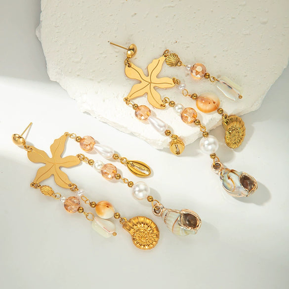 Stainless Steel Starfish Pendant Earrings Electroplating Natural Style Women's Jewelry