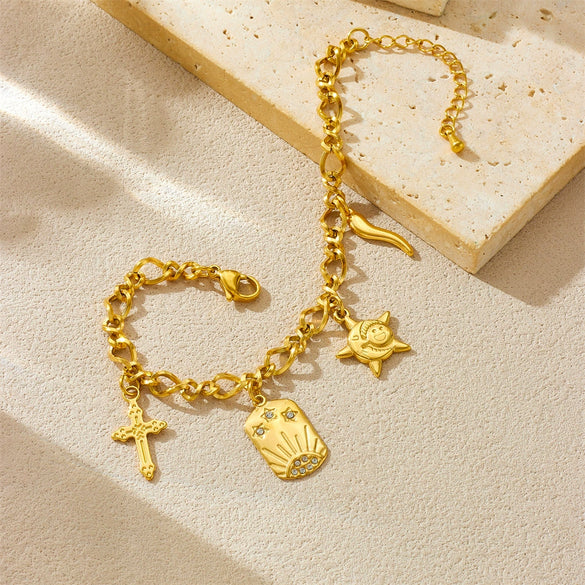 Stainless Steel Starfish Pendant Retro Cross Sun Fashion Bracelet For Women With Electroplating