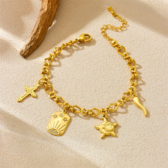 Stainless Steel Starfish Pendant Retro Cross Sun Fashion Bracelet For Women With Electroplating