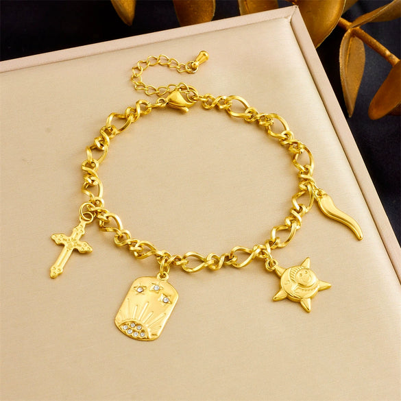 Stainless Steel Starfish Pendant Retro Cross Sun Fashion Bracelet For Women With Electroplating