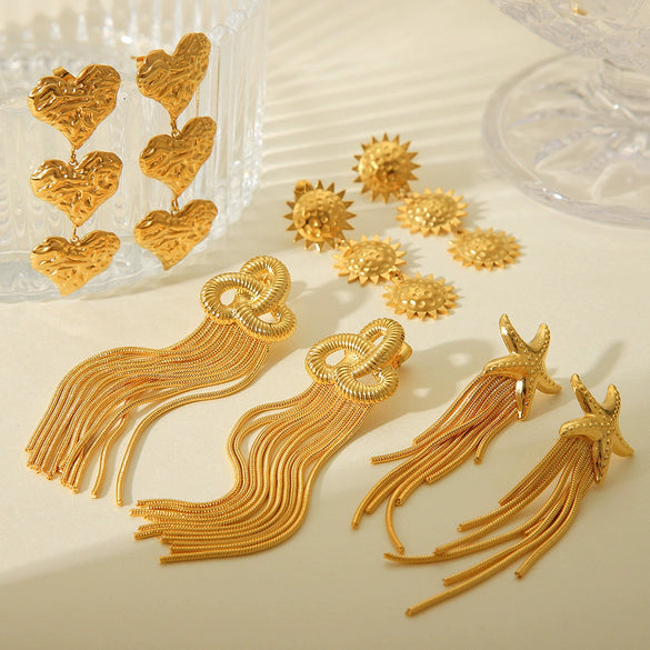 Stainless Steel Starfish Tassel And Heart Geometric Pattern Electroplated Women's Earrings