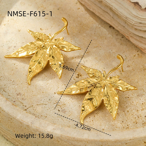 Stainless Steel Stud Earrings Light Luxury Maple Leaf Texture Vintage Style Electroplated