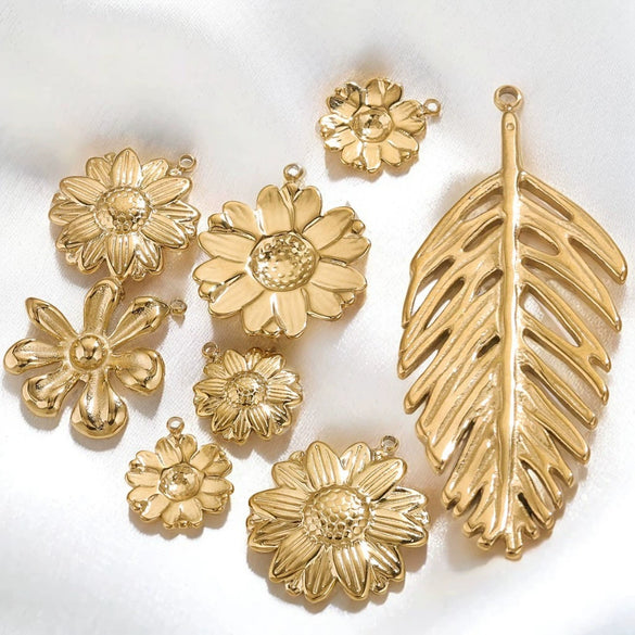 Stainless Steel Summer Sunflower Leaf Shell Pendant Necklace Earrings 18K Gold Plated Electroplated