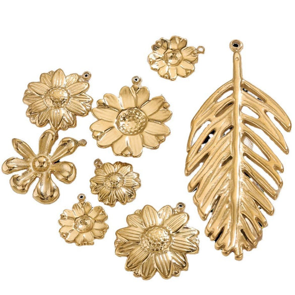 Stainless Steel Summer Sunflower Leaf Shell Pendant Necklace Earrings 18K Gold Plated Electroplated
