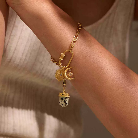 Stainless Steel Sun Moon Zirconium Inlaid Pendant Necklace Bracelet Vacuum Electroplated 18K Gold Color