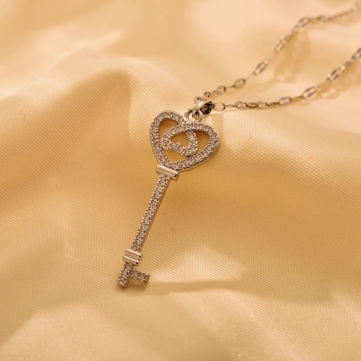 Stainless Steel Sweet Heart Shape Key Pendant Necklace