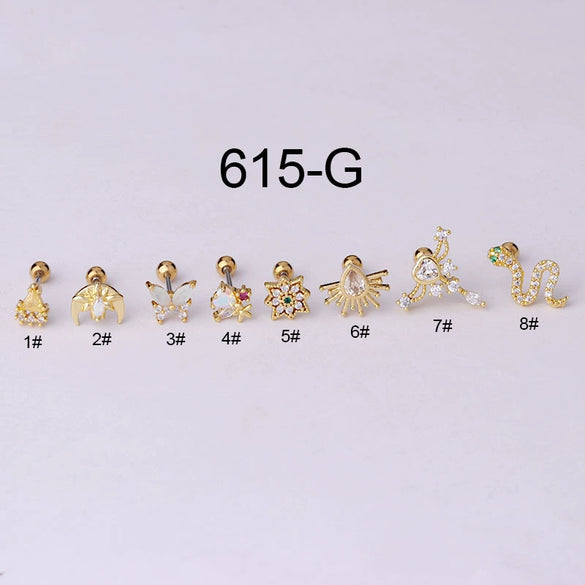 Stainless Steel Thin Rod Colorful Zircon Piercing Earrings With Animals Zodiac Pattern Electroplated For Women