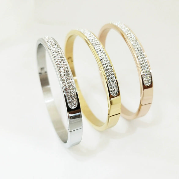 Stainless Steel Three Row Diamond Stone Bracelet With Gold Tone Vacuum Plated Geometric Design