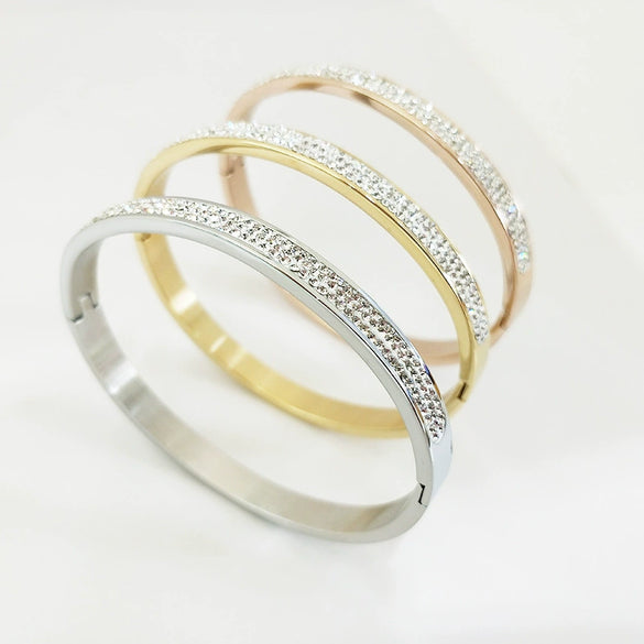 Stainless Steel Three Row Diamond Stone Bracelet With Gold Tone Vacuum Plated Geometric Design