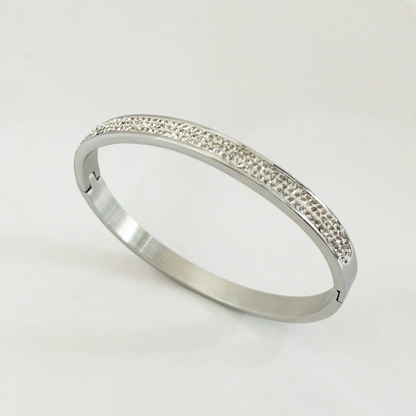 Stainless Steel Three Row Diamond Stone Bracelet With Gold Tone Vacuum Plated Geometric Design
