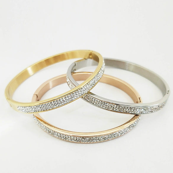 Stainless Steel Three Row Diamond Stone Bracelet With Gold Tone Vacuum Plated Geometric Design
