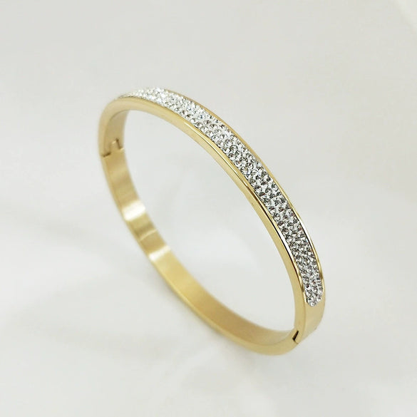 Stainless Steel Three Row Diamond Stone Bracelet With Gold Tone Vacuum Plated Geometric Design