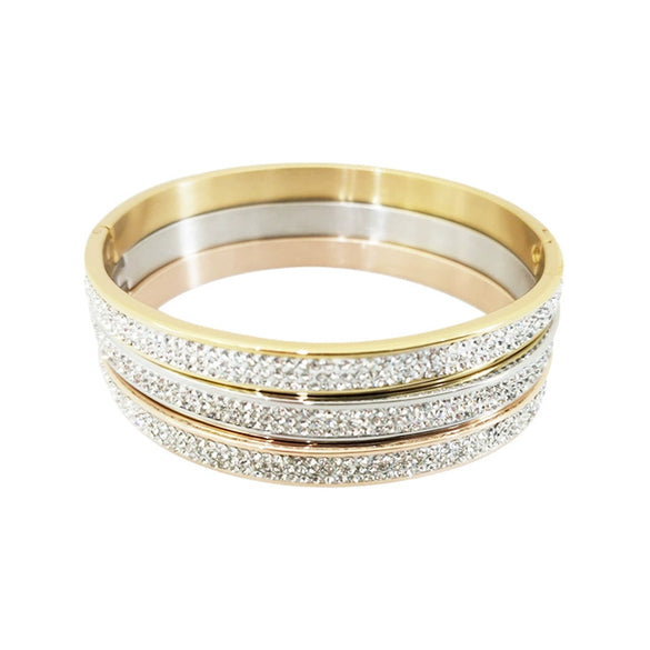 Stainless Steel Three Row Diamond Stone Bracelet With Gold Tone Vacuum Plated Geometric Design
