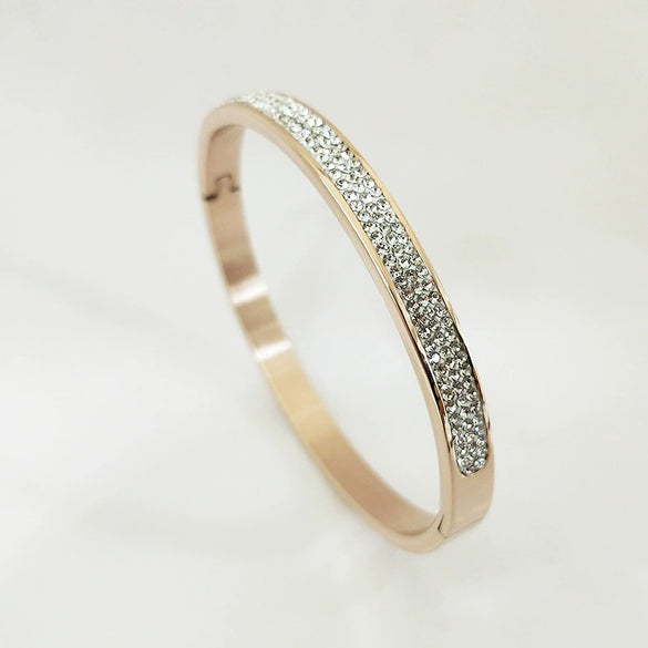 Stainless Steel Three Row Diamond Stone Bracelet With Gold Tone Vacuum Plated Geometric Design