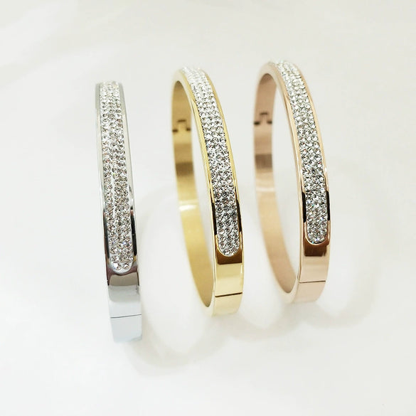 Stainless Steel Three Row Diamond Stone Bracelet With Gold Tone Vacuum Plated Geometric Design