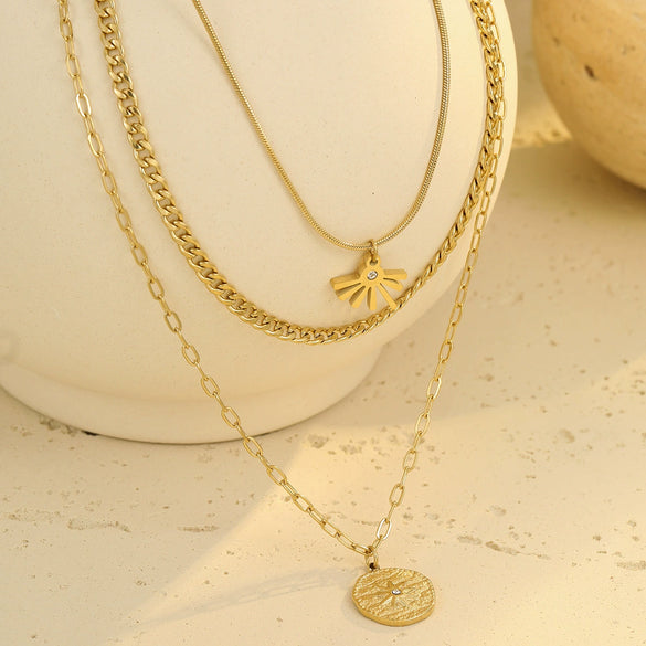 Stainless Steel Threelayer Round Pendant Necklace Electroplating Geometric Style Women's