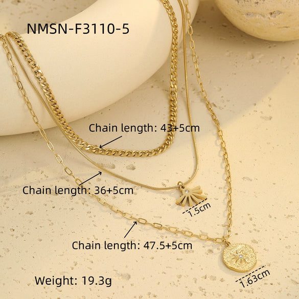 Stainless Steel Threelayer Round Pendant Necklace Electroplating Geometric Style Women's