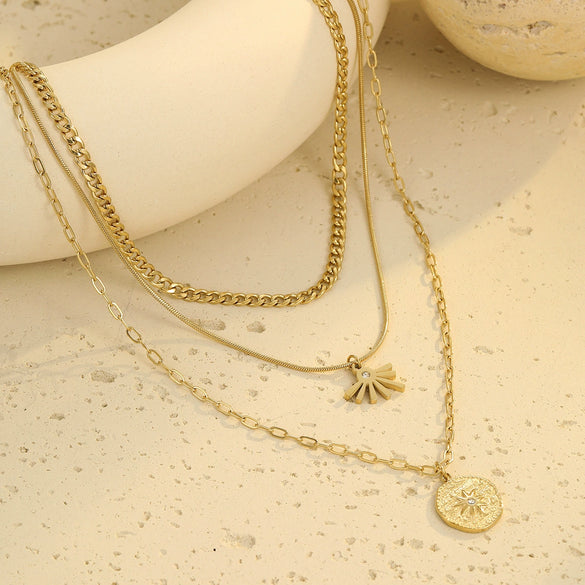 Stainless Steel Threelayer Round Pendant Necklace Electroplating Geometric Style Women's