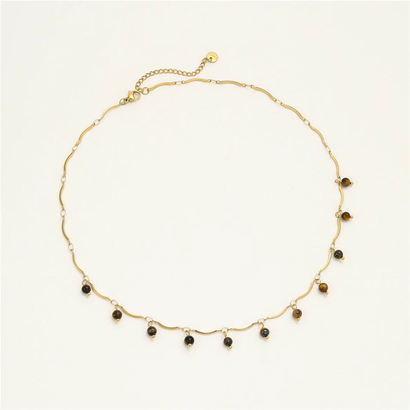 Stainless Steel Tiger Eye Stone Tassel Pendant Necklace For Women Electroplated Fashion Style