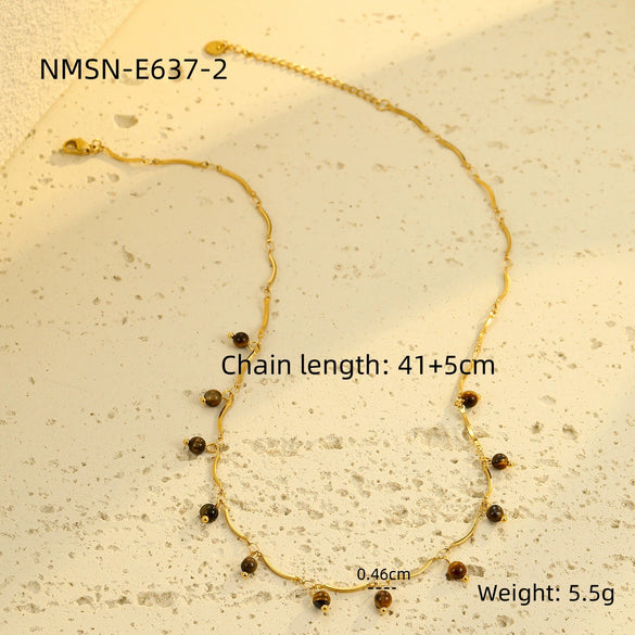 Stainless Steel Tiger Eye Stone Tassel Pendant Necklace For Women Electroplated Fashion Style