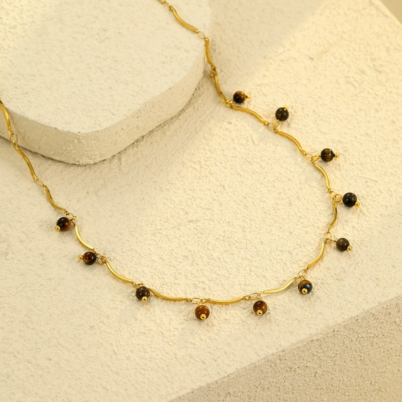 Stainless Steel Tiger Eye Stone Tassel Pendant Necklace For Women Electroplated Fashion Style