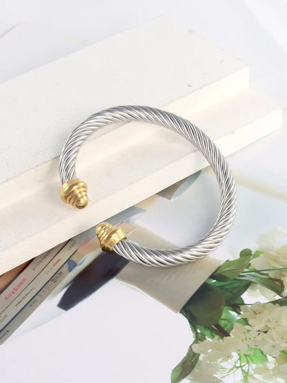 Stainless Steel Titanium Steel 18K Gold Plated Classic Style Color Block Spiral Stripe Bangle