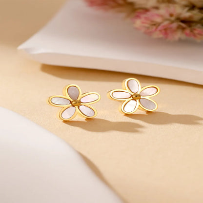 Stainless Steel Titanium Steel 24K Gold Plated Glam Simple Style Flower Inlay Shell Earrings Necklace