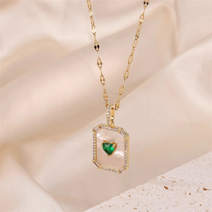 Stainless Steel Titanium Steel Elegant Simple Style Heart Shape Rectangle Plating Inlay Natural Stone Shell Zircon Pendant Necklace