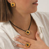 Stainless Steel Titanium Steel Jewelry Set Geometric Dripping Oil Threaded Ring Earrings And Non Fading Necklace
