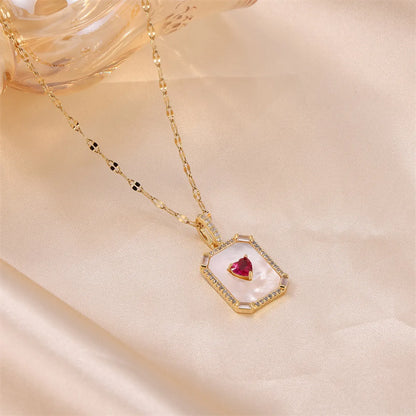 Stainless Steel Titanium Steel Simple Style Heart Shape Rectangle Plating Inlay Natural Stone Shell Zircon Pendant Necklace