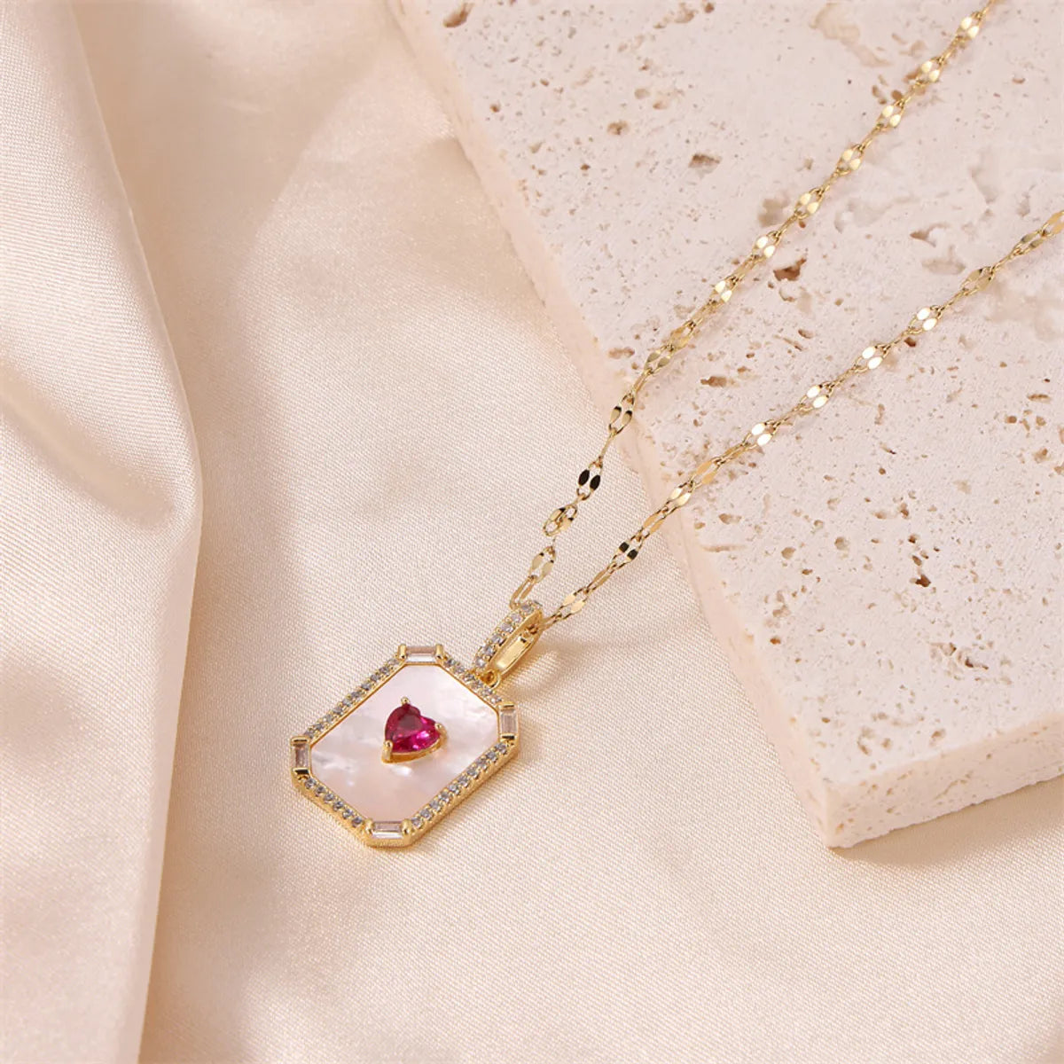 Stainless Steel Titanium Steel Simple Style Heart Shape Rectangle Plating Inlay Natural Stone Shell Zircon Pendant Necklace