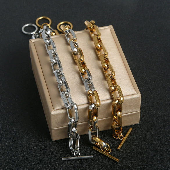 Stainless Steel Trapezoidal Chain Bracelet With Gold Ot Buckle Electroplated Jewelry