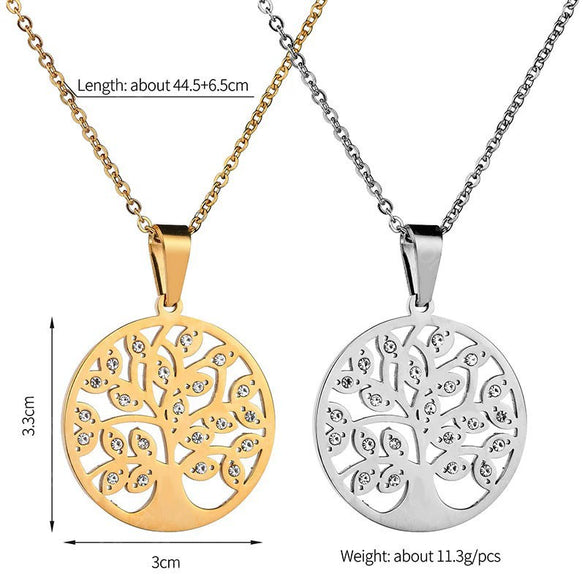 Stainless Steel Tree Of Life Necklace With Microencrusted Zircon Pendant And Ochain Electroplated Geometric Style