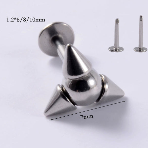 Stainless Steel Triangular Welding Punk Piercing Earrings With Tapered Outer Teeth And Steel Ball