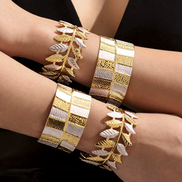 316L Stainless Steel Twotone Leaf Open Bracelet Plated With Real Gold Geometric Style