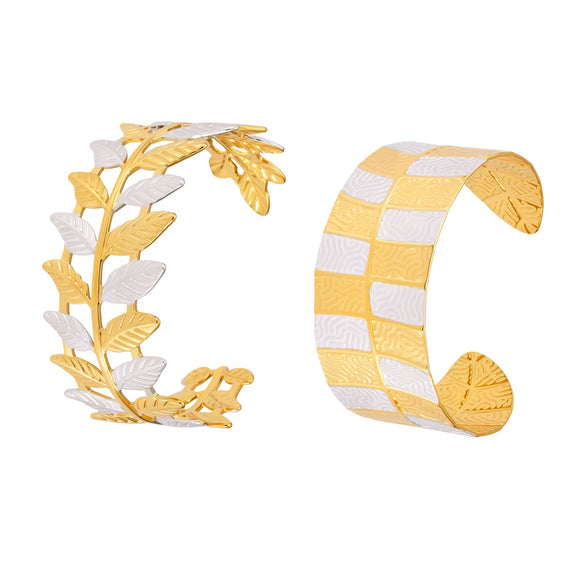 316L Stainless Steel Twotone Leaf Open Bracelet Plated With Real Gold Geometric Style