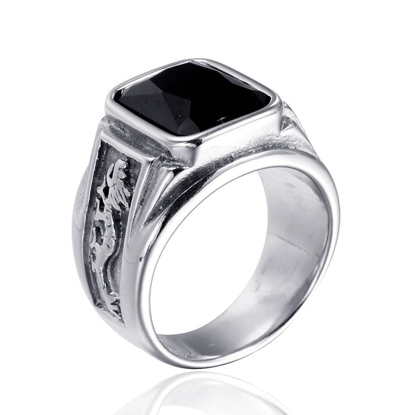 Stainless Steel Unisex Punk Ring With Double Dragon Design Oiled Finish And Text Pattern Gemstone Style Statement Band