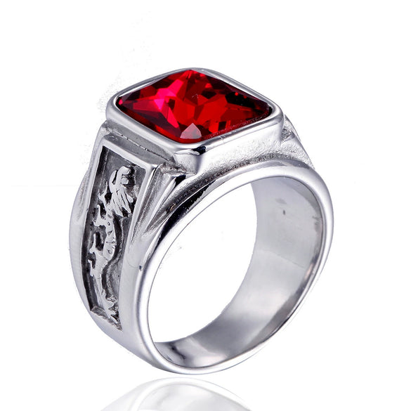 Stainless Steel Unisex Punk Ring With Double Dragon Design Oiled Finish And Text Pattern Gemstone Style Statement Band
